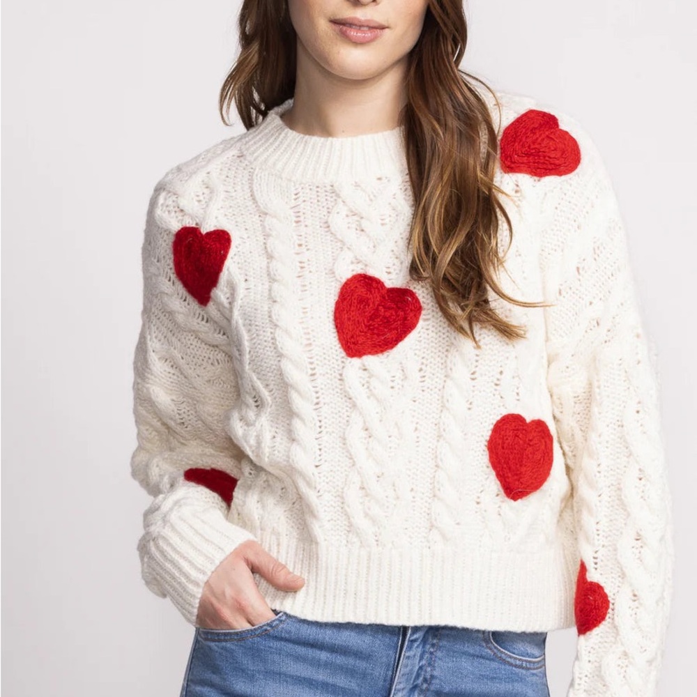 NWT Delaney Red Hearts Chunky White Sweater